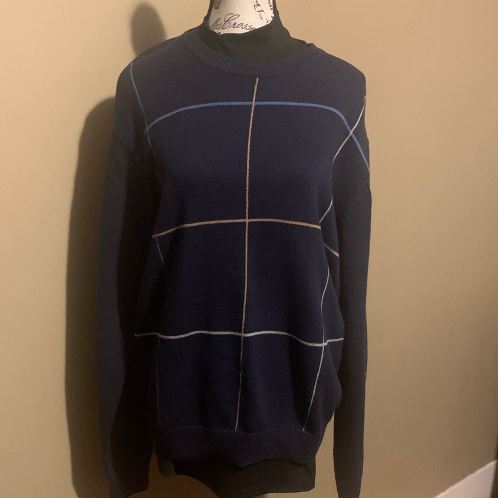 Saddlebred Navy and Tan Plaid Crewneck Sweater
